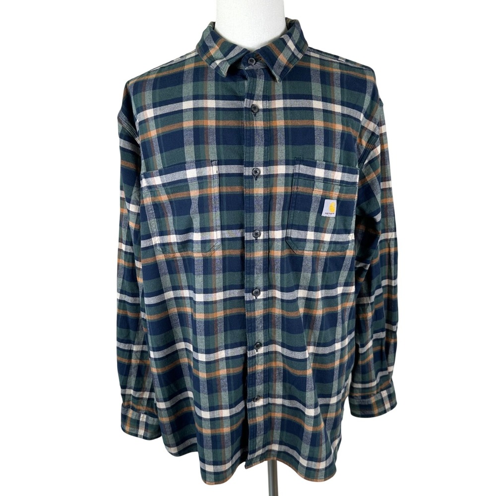 Carhartt Rugged Flex Flannel Shirt Mens 2XL Green Plaid Long Sleeve Button Down